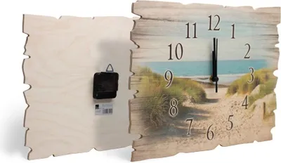 A wooden wall clock with a beach scene printed on it, shown from the front and back.