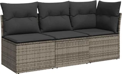 A three-seater outdoor sofa made of gray poly rattan with dark gray cushions.