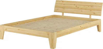 A wooden bed frame with a slatted base and a simple headboard, shown against a white background.