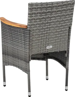A single outdoor chair made of grey rattan with wooden armrests, shown from the back.