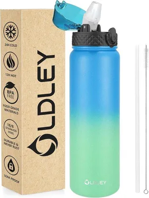 Produktbild von Famanu Wasserflasche Edelstahl mit Strohhalm - 1 Liter - Leckfrei und für Sport, Camping und Radfahren geeignet