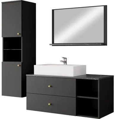 Produktbild von MIRJAN24 Badmöbel Kertos II, 4er-Set Badmöbel-Set, Spiegel, Waschbeckenschrank, Waschbecken, Aluminiumgriffe, Spihon (Farbe: Schwarz / Schwarz + Schwarzer Marmor)