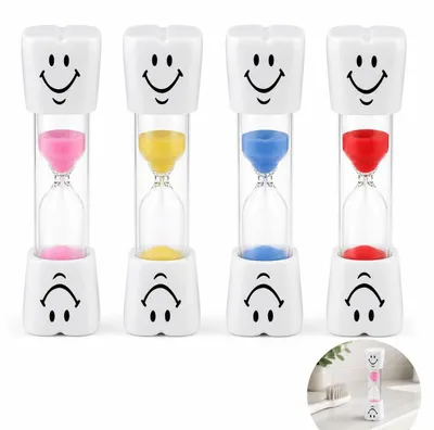 Produktbild von Set mit 4 Sanduhren, jeweils 3 Minuten, und ein digitaler Zahnbürsten-Timer mit Smiley-Anzeige
