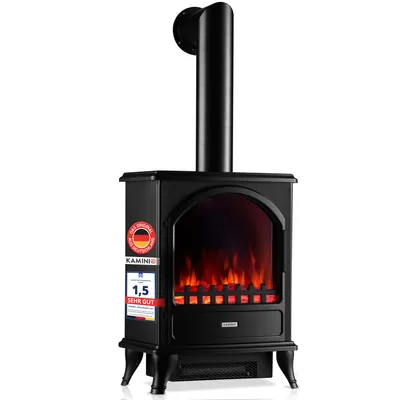 Produktbild von KAMINIO Elektrokamin LENI mit Ofenrohr - Elektrischer Kaminofen mit Heizung, 3D-Flammeneffekt - Schwarz, KI-generiertes Bild