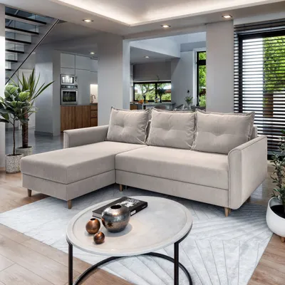 Produktbild von Masseno Narożnik PISAN L-S z funkcją spania i pojemnikiem na pościel Kształt L, Rozkładana sofa, Rogówka - Beżowy, PAROS 02