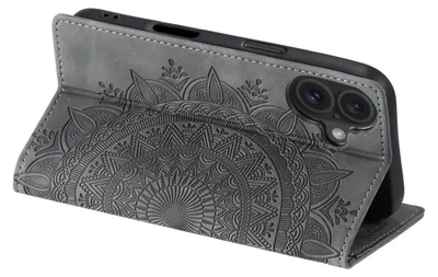 A gray flip case cover for a smartphone, with a mandala pattern embossed on the front flap, is shown in a diagonal view.