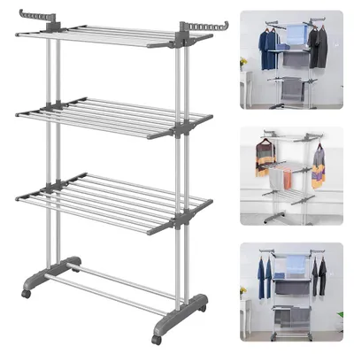 Produktbild von Wäscheständer, Standtrockner 3 Ebenen, mit Rollen, 170 x 74 x 64 cm, Ergonomischer Wäscheständer Platzsparend Wäscheturm für Innen & Außen Grau