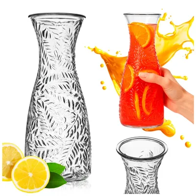 Produktbild von SuperButelki.pl – 1-Liter-Glaskaraffe mit Muster, Blattprägung, Milchglas, Krug für Wasser, Limonade, Saft, Getränke, Wein, einzigartiges Design
