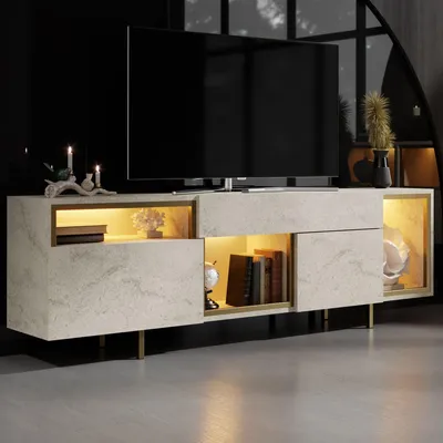 Produktbild von Skye Decor, Hochwertiger TV-Ständer, Travertin & Gold, 180 x 55 x 32 cm | 100% melaminbeschichtete Spanplatte, 18 mm dick | Mit Beleuchtung, Fernbedienung & Wandmontage, modern und elegant.
