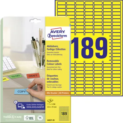 Produktbild von Avery Zweckform L6037-20 Farbige Etiketten, ablösbar, A4, 25,4 x 10 mm, 20 Bogen/3.780 Etiketten, gelb