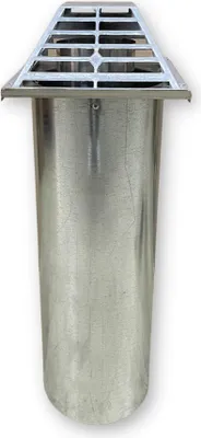 A silver metal vent pipe with a grate on top, isolated on a white background.