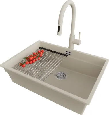 Produktbild von PRIMAGRAN Granitspüle Beige 66x47cm, Spülbecken 1 Becken + Küchenarmatur 40x20cm + Ablauf-Set + Küchenzubehörset, Küchenspüle ab 70er Unterschrank - Praga Slim