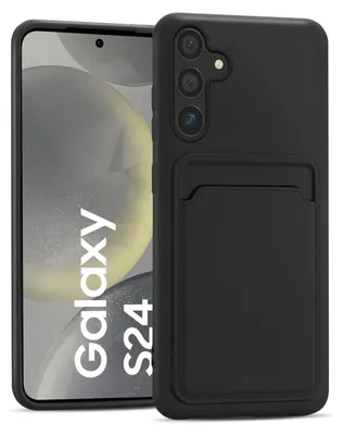 A black phone case with a card slot is shown next to a phone displaying 'Galaxy S24'.