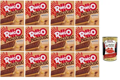 Produktbild von Pavesi Ringo Bisco Cioc Nocciole, Mit Sahne gefüllter Keks mit 100% italienischen Haselnüssen und Schokoladenüberzug für einen süßen und leckeren Snack, 12x 162g + Italian Gourmet polpa 400g