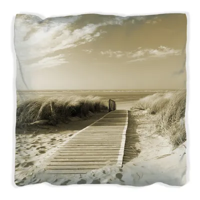Produktbild von Wallario Premium Kissen, weiche Oberfläche, mit Motiv Auf dem Holzweg zum Strand in Sepiafarben, Größe: 60 x 60 cm, mit weißer Rückseite
