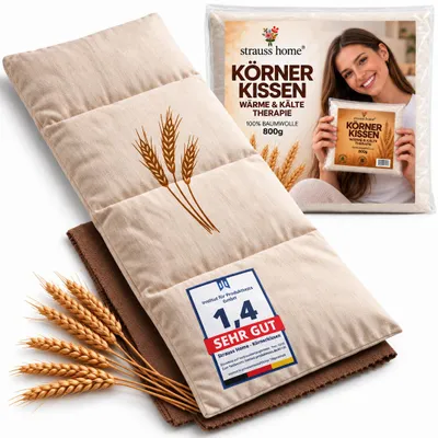 Produktbild von Strauss Home® Körnerkissen groß – Mikrowellengeeignetes Wärmekissen gegen Verspannungen in Nacken, Schultern uvm. natürliche Weizenkörner, 20x50cm
