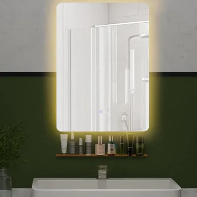 Immagine prodotto di Specchio da bagno a LED - Specchio da parete rettangolare - Regolabile da 3000 a 6000 K - Interruttore touch - Funzione memoria - Antiappannamento - Con ripiano - Argento