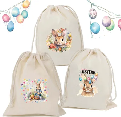 Produktbild von Osterbeutel Stoff 3er Set - Bunte Osterbeutel Kinder, 25x30cm Geschenkverpackung Stoff | Baumwoll-Säckchen mit Zugband, Bedruckt