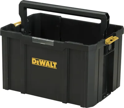 A black Dewalt tool carrier with yellow accents is shown against a white background.