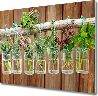 Produktbild von Glas Herdabdeckplatte 60x52 cm Spritzschutz Glasabdeckplatte Schneidebrett Kräuter in Gläsern