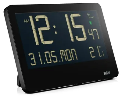 A digital clock displaying the time, date, and temperature.