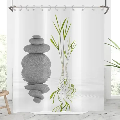 Produktbild von Zen-Stein-Duschvorhang 180x200, japanischer Spa-Duschvorhang mit Wildgras-Spiegelung im Wasser, Meditationsdesign, wasserdichter, waschbarer Badezimmervorhang aus Polyestergewebe mit Haken