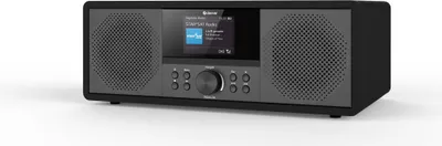 A black digital radio with a screen and speakers, shown on a white background.
