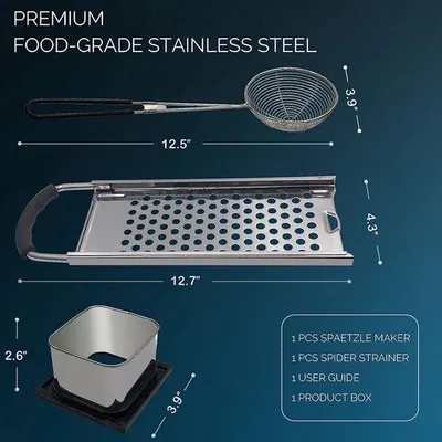 Zdjęcie produktu dla Skrobaczka do spätzle firmy Famanu, wykonana ze stali nierdzewnej - 2 sztuki, z otworami do ciasta, nadająca się do mycia w zmywarce, srebrna