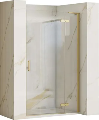 A modern shower door with gold accents, set against a marble-like tiled wall.