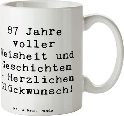Produktbild von Mr. & Mrs. Panda Trinkbecher Spruch 87. Geburtstag Weisheit - Weiß - Geschenk, Happy Birthday, Kaffeetasse, haferl, wie feiern mit 87, Tasse, milchkaffeetasse, Pott