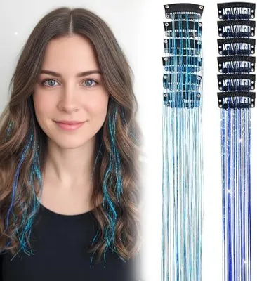 Produktbild von Glitzernde Haarsträhnen mit Clip, 12 Stück, bunte Haarverlängerungen aus Lametta für Weihnachten, Halloween, Cosplay und Partys, Haaraccessoires und Haarschmuck