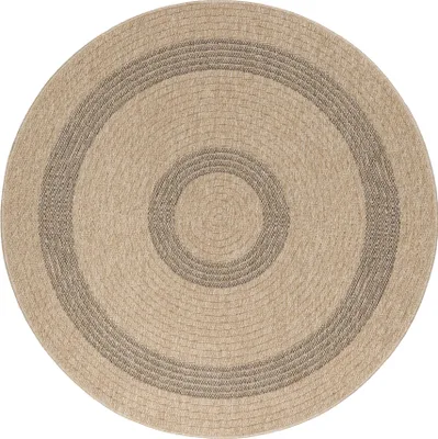 Image de Tapis d'extérieur résistant aux intempéries, forme ronde, dimensions 120x120 cm, couleur naturelle, idéal pour le camping, le jardin ou l'intérieur, design vintage