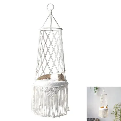 Produktbild von Katzenbetten, 40cm Fransenhängematte, Einfaches handgewebtes Katzennest, Hängematte, Korb, Heimtier Hängekorb Hund Katze Hängekorb Schaukelnetz Tasche