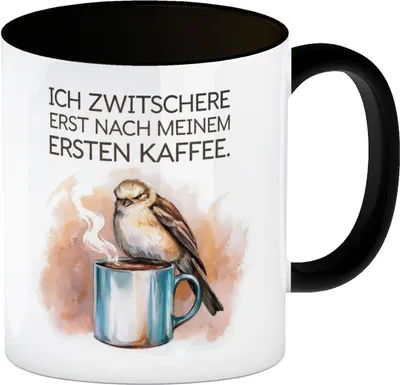 Produktbild von Erst Kaffee, dann Zwitschern Kaffeebecher in schwarz mit Vogel auf Kaffeetasse