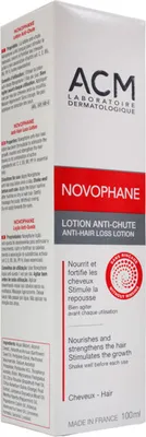 A product shot of a box for ACM Novophane Anti-Hair Loss Lotion.