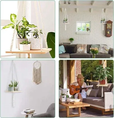 Productafbeelding van Groot houten rek – handgemaakte macramé bloemenhouder – houten bloemenstand voor binnen en buiten – balkon – 105 cm