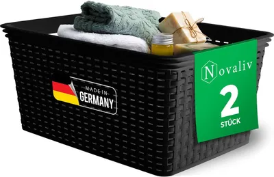Produktbild von Novaliv 2 Stück Eleganter Aufbewahrungskorb in Rattan-Optik | Schwarz Kunststoff 14L – Perfekt für Bad & Kleidungsaufbewahrung. Aufbewahrungsbox Badezimmer Körbchen Bad Organizer Korb Ordnungsbox