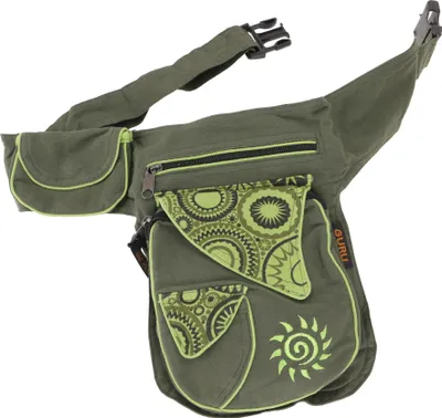 Produktbild von Stoff Sidebag & Gürteltasche, Goa Hüfttasche, Bauchtasche mit Stickerei Sonne - Olivgrün, Uni - Erwachsene, Baumwolle, 25*20*10 cm, Festival- Bauchtasche Hippie