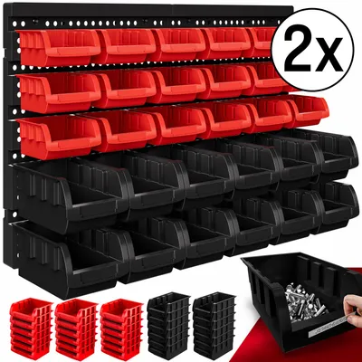 Produktbild von MONZANA® Stapelboxen 64 tlg. Erweiterbar Etikettenfach Stabil Stoßfest Starke Wandplatten Wandregal Werkstattregal Werkzeuglochwand Kleinteilemagazin