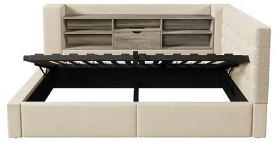 Productafbeelding van Boxspringbed - Bedframe 140 x 190 cm - LED-verlichting - Hydraulische opbergruimte - L-vormig hoofdeinde - Linnen - Beige - Zonder matras