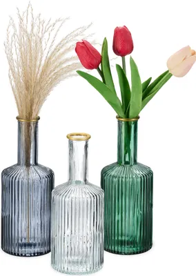 Image de Vases en verre Relaxdays, lot de 3, vases à fleurs en forme de bouteille, H x P : 20,5 x 8 cm, vases décoratifs rainurés, multicolores