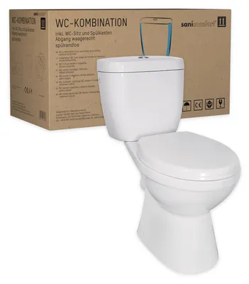 Produktbild von sanicomfort Stand-WC Kombination Abgang waagerecht, inklusive WC-Sitz, Tiefspüler weiß, spülrandlos