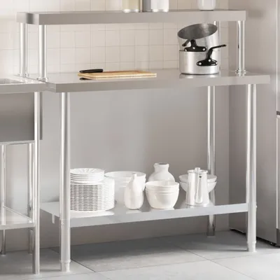 Produktbild von Design Küchen-Arbeitstisch mit Aufsatzboard 110x55x120 cm Edelstahl, Esstische 2024 Neu