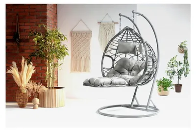 Produktbild von Hängesessel für zwei Personen mit Gestell für Garten und Terrasse in Grau mit verstellbarer Fußstütze