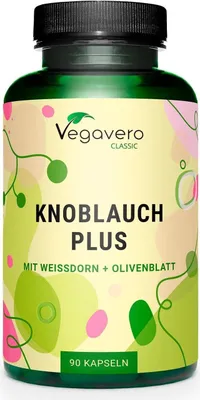Produktbild von Vegavero Knoblauch Plus | 90 Kapseln | mit Weißdorn & Olivenblatt Extrakt | vegan