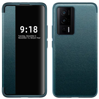 Obrázek produktu pro Pouzdro pro Xiaomi Redmi K60 Pro tenkéPolyuretankožené klopové pouzdro s okénkem pro zobrazení zelené