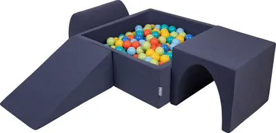 Produktbild von KiddyMoon spielplatz aus schaumstoff mit quadrat bällebad (300 bälle) ballgruben für babys spielbad hindernisläufen, hergestellt in der eu, dunkelblau:hellgrün/orange/türkis/blau/bblue/gelb