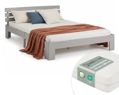 Produktbild von Homestyle4u Holzbett 120x200 mit Matratze mit ® Standard 100 und mit Lattenrost Bett Grau Holz Kiefer Bettgestell Futonbett