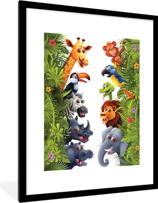 Produktbild von MuchoWow® MuchoWow® Gerahmtes Poster Dschungel - Tiere - Jungen - Mädchen - Giraffe - Elefant - Kinder 60x80 cm - Poster mit zchwarzem Bilderrahmen - Wohnzimmer - Dekorationen - Prämie