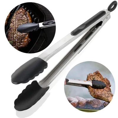 Produktbild von Küchenzange mit hitzebeständigen, antihaftbeschichteten Silikonspitzen (bis 600ºF) und Edelstahlgriff, zum Grillen, für Salate, zum Barbecue und zum Braten